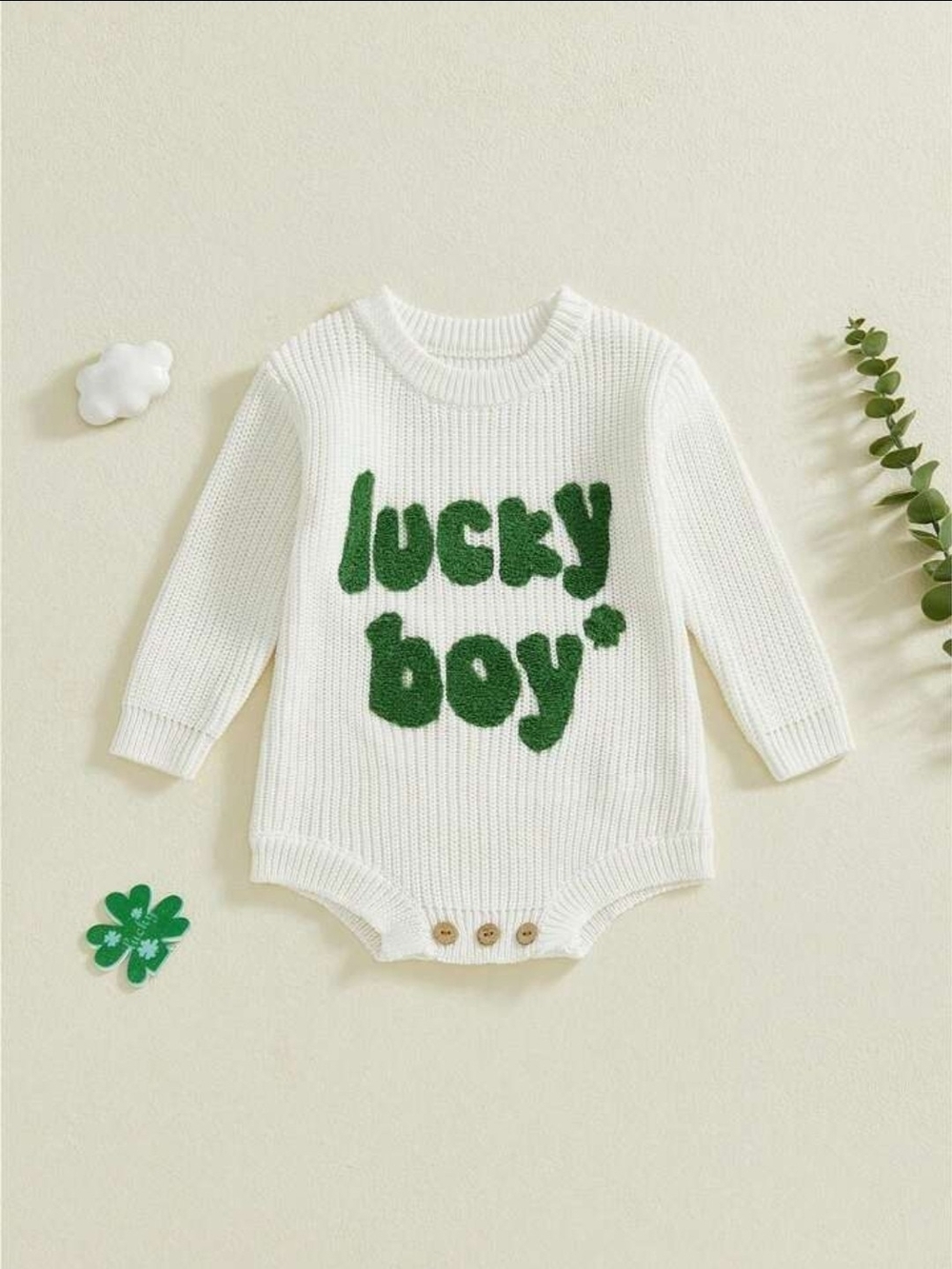 White "Lucky Boy" Knit One-Piece Baby Bodysuit